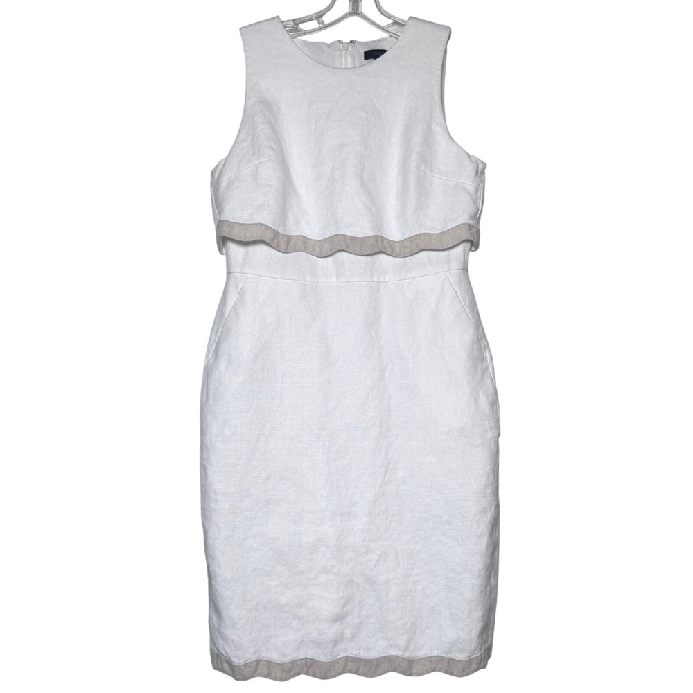 J.Crew White Linen Scalloped Tiered Sheath Dress Womens 6 Sleeveless Pockets